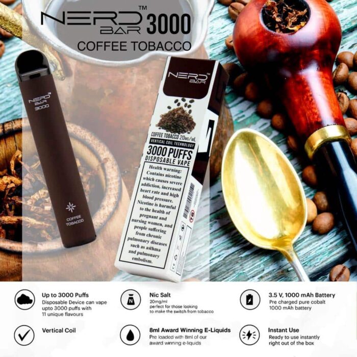 Coffee Tobacco Best Vape Store UAE Online | Dxb Vape Club Online Nerd Bar 3000 Puffs Disposable Pod Vape In Dubai