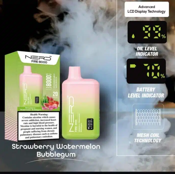 NERD FIRE 8000 PUFFS STRAWBERRY WATERMELON BUBBLEGUM Best Vape Store UAE Online | Dxb Vape Club Online Nerd Fire 8000 Puffs - Buy Nerd Fire @ Best Price AED 40