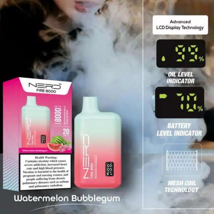 NERD FIRE 8000 PUFFS WATERMELON BUBBLEGUM Best Vape Store UAE Online | Dxb Vape Club Online Nerd Fire 8000 Puffs - Buy Nerd Fire @ Best Price AED 40