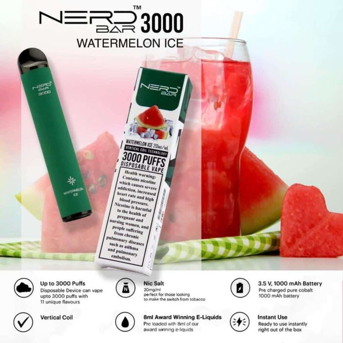 Watermelon Ice 1 Best Vape Store UAE Online | Dxb Vape Club Online Nerd Bar 3000 Puffs Disposable Pod Vape In Dubai