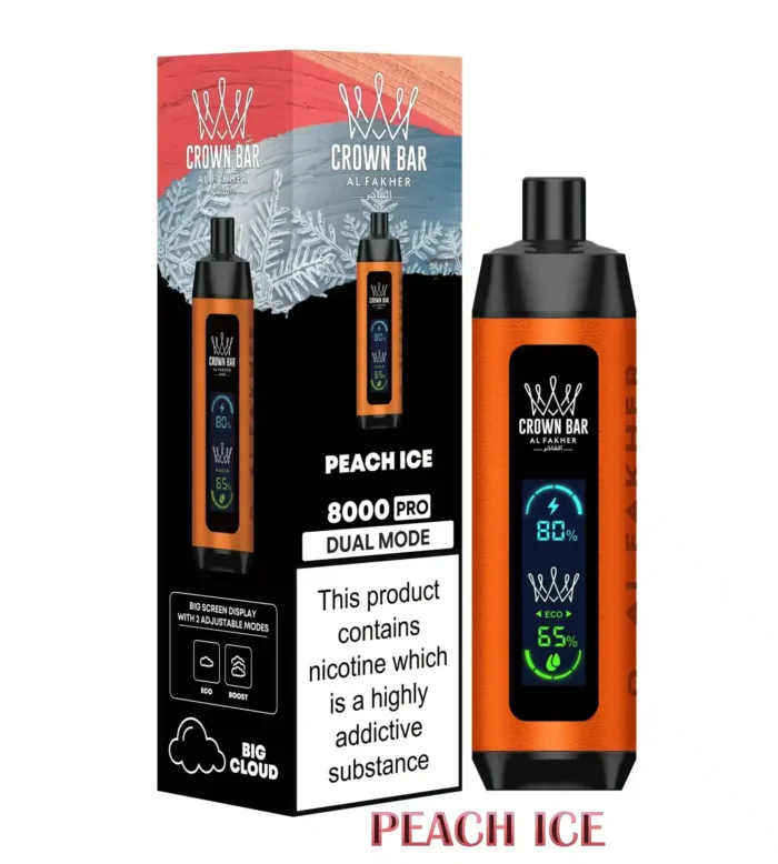 al fakher 8000 pro dual mode Peach Ice scaled Best Vape Store UAE Online | Dxb Vape Club Online Al Fakher Crown Bar 8000 Pro DTL Vape - AED 40 Dubai