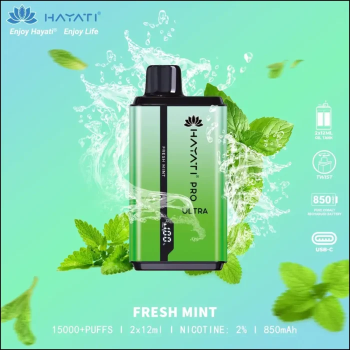 Hayati Pro Ultra 15000 Puffs Fresh Mint Best Vape Store UAE Online | Dxb Vape Club Online Hayati Pro Ultra 15000 Puffs Disposable Vape In UAE