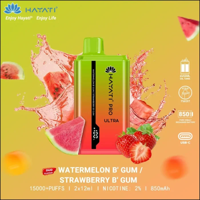 Hayati Pro Ultra 15000 Puffs Watermmelon Bubblegum And Strawberry Bubblegum Best Vape Store UAE Online | Dxb Vape Club Online Hayati Pro Ultra 15000 Puffs Disposable Vape In UAE
