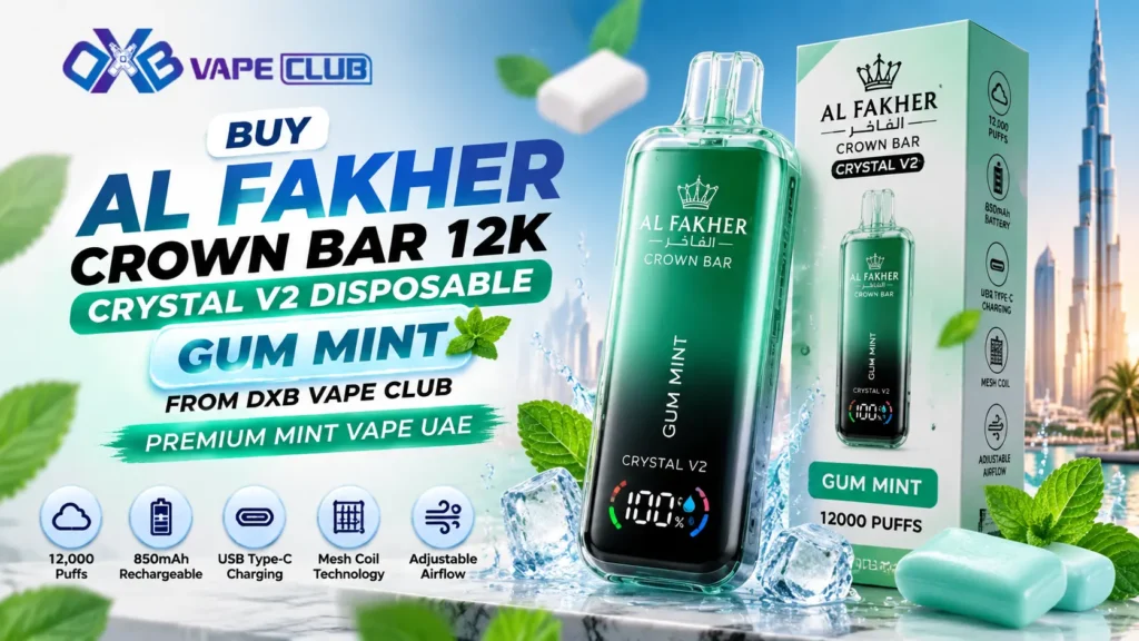 Buy Al Fakher Crown Bar 12K Crystal V2 Disposable Gum Mint From DXB Vape Club | Premium Mint Vape UAE