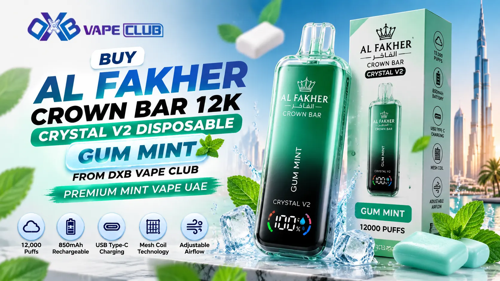 Buy Al Fakher Crown Bar 12K Crystal V2 Disposable Gum Mint From DXB Vape Club | Premium Mint Vape UAE