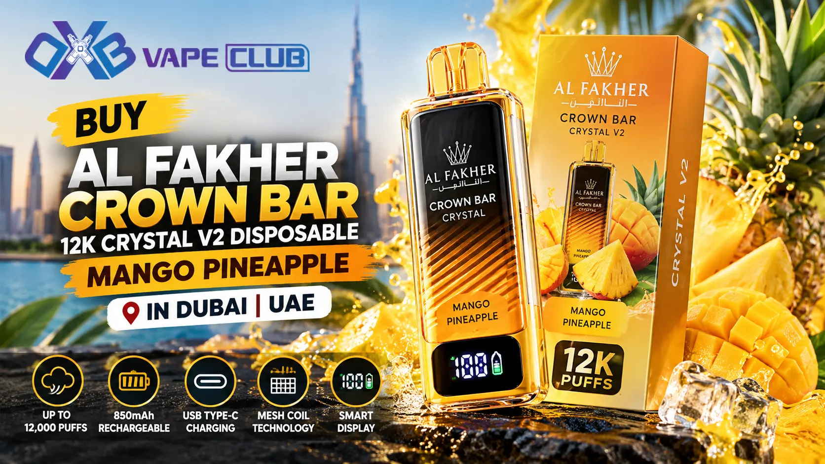 Buy Al Fakher Crown Bar 12K Crystal V2 Disposable Mango Pineapple In Dubai | UAE