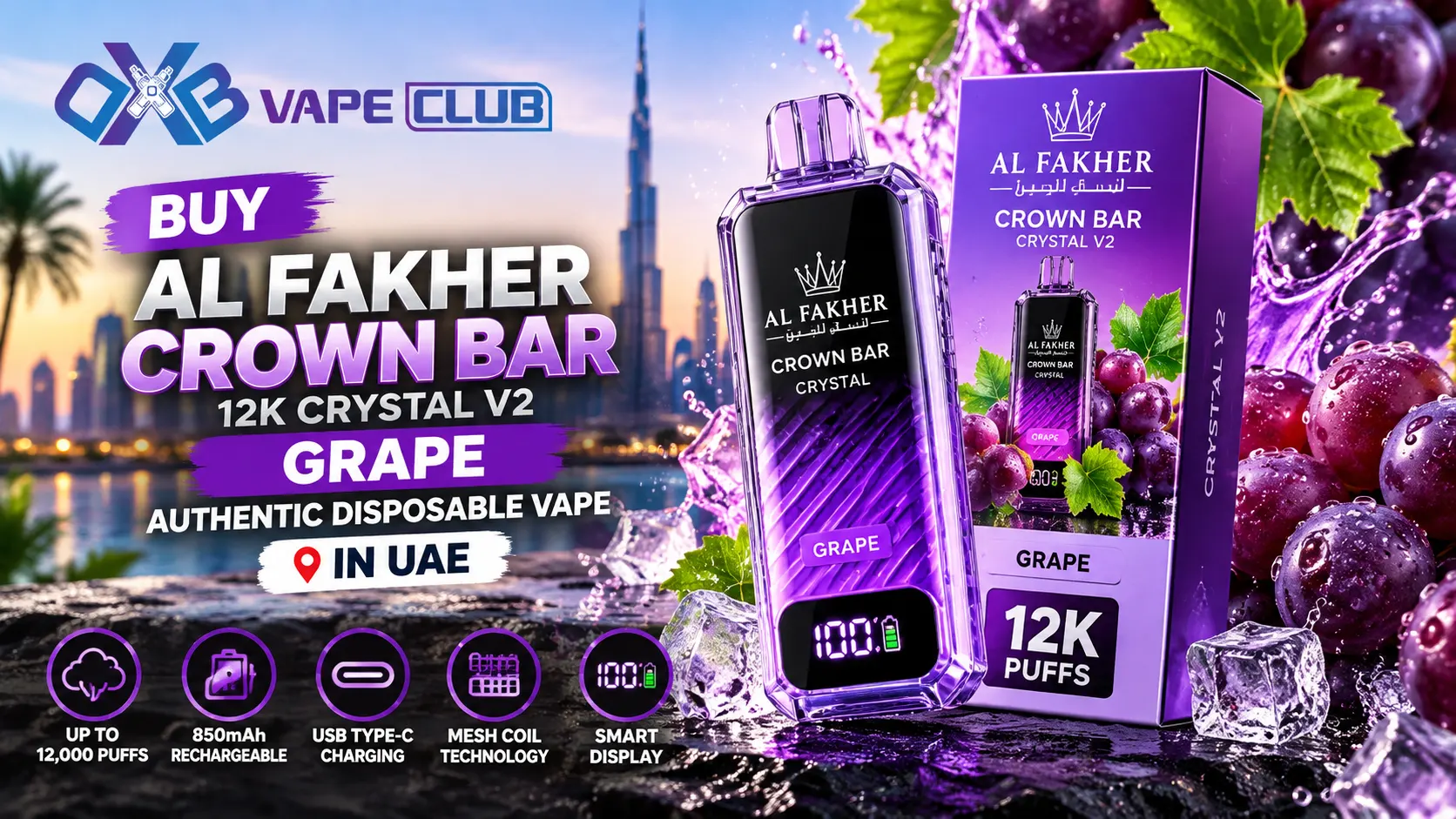 Al Fakher Crown Bar 12K Crystal V2 Grape Mint from DXB Vape Club