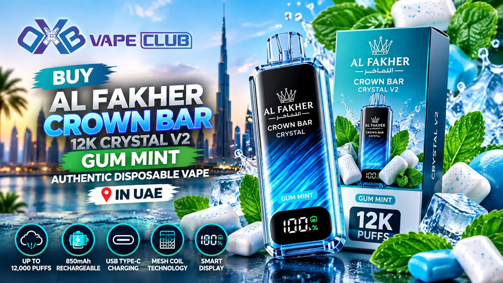 Buy Al Fakher Crown Bar 12K Crystal V2 Gum Mint Authentic Disposable Vape | UAE